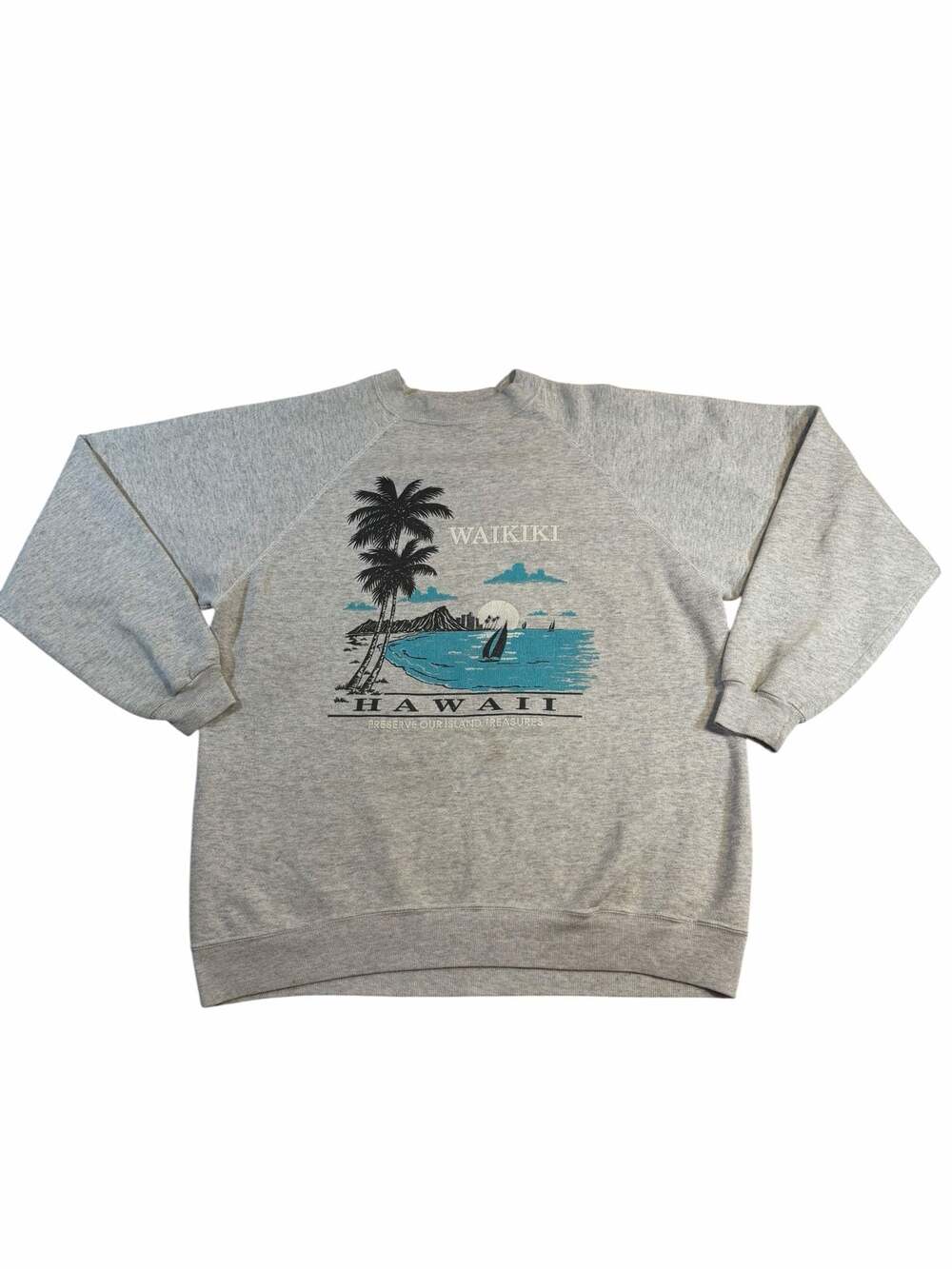 Vintage 90s Waikiki Hawaii Sweatshirt Hanes XL Gray Beach Palm Tree Graphic USA